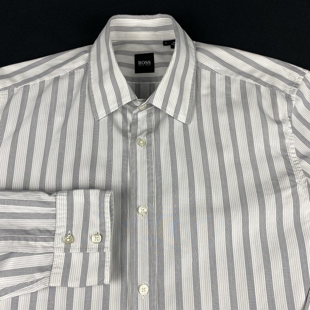 BOSS Hugo Boss Shirt Mens Large White w/Black Stripes 100% Cotton